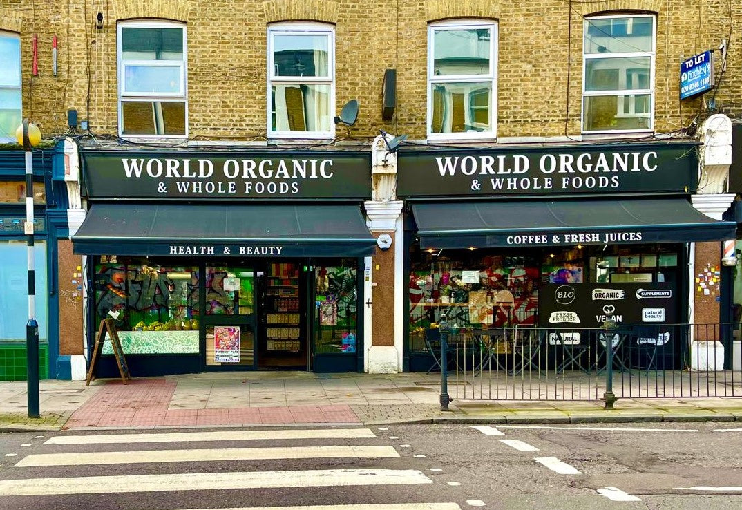 The shopfront of World Organic and Wholefoods on Hornsey Road, North London.